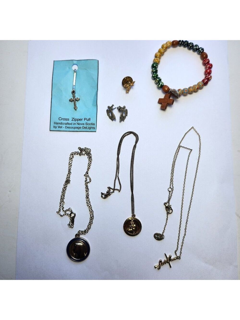Angel Jewelry Lot 7pc Faith Necklace Gemstone Rosary Bracelet Cherub Earring Mix